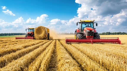 Obraz premium Harvesting Process with Two Red Tractors Collecting Straw Bales Under Bright Blue Sky and Fluffy White Clouds