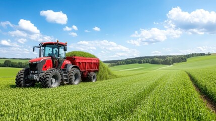 Fototapeta premium Modern Agricultural Tractor Operating on Lush Green Field Under Blue Sky with Fluffy Clouds in Background