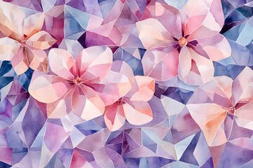 delicate pink flowers blend seamlessly with abstract geometric shapes in soft blue and white tones, creating a modern artistic composition with a dreamy atmosphere
