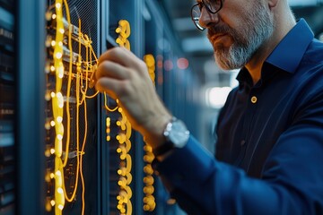 Data-driven decision-making empowers smarter business strategies. Technician configuring data server with glowing circuits and technology elements.