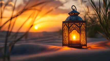 Eid Mubarak Banner with Arabic Lamp on Sand During Early Morning