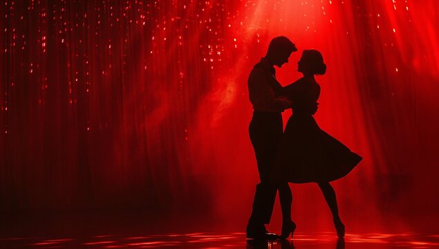 Silhouetted couple embraces in a passionate dance, bathed in dramatic red light. A romantic and elegant moment.