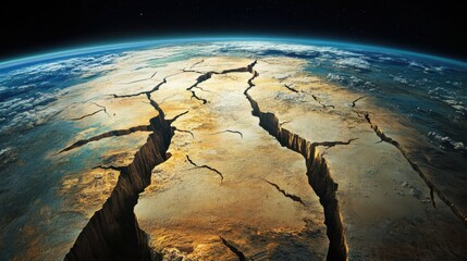 A dystopian vision of Earth cracking apart, with massive fissures splitting the land as heat waves distort the horizon, symbolizing the devastating impact of global warming