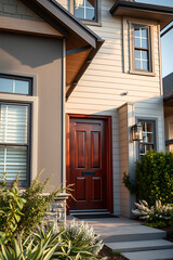 Luxury Home Exterior: Modern Architecture and Landscaping Design. Captivating entrance with a rich wooden door and meticulously designed landscaping.