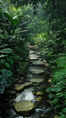 Lush jungle path, tranquil stream, green foliage. Possible use Stock photo for nature, travel, or tourism