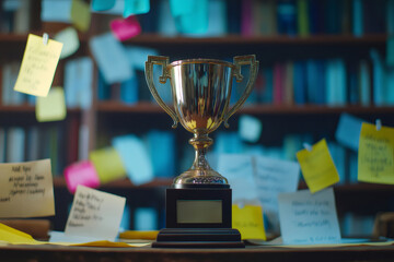 Golden trophy celebrating a victory placed on a messy desk full of congratulatory notes in a library