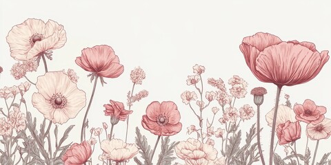 Obraz premium Elegant drawing showcases an arrangement of poppy flowers and buds