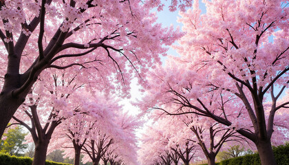 Beautiful cherry blossom trees in full bloom against a clear sky