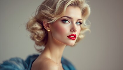 Naklejka premium Elegant Blonde Woman with Red Lipstick and Vintage Hairstyle Portrait