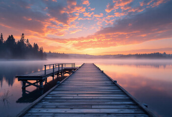 Obraz premium Wooden Pier Leading to Calm Lake at Sunrise with Foggy Horizon