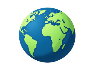 Fototapeta premium Illustration of Earth with continents in green and oceans in blue on a white background.