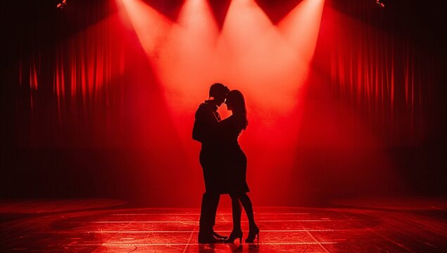 Silhouetted couple embraces on a dimly lit stage, bathed in red light. A romantic and mysterious scene.