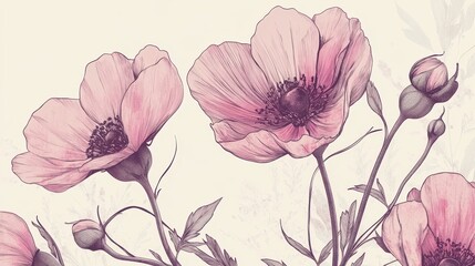 Obraz premium Elegant vintage floral illustration featuring pink anemone flowers