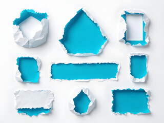 Torn paper, blue background, rough edges, texture, holes, ripped, irregular shapes, scattered,...