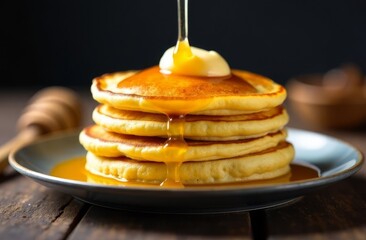 Pancakes on a plate with butter and honey. Maslenitsa holiday concept. Hearty breakfast