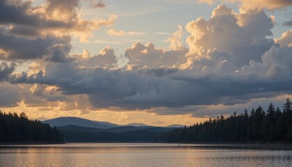 Calm lake at sunset, hiker silhouette, mountain backdrop, dramatic clouds