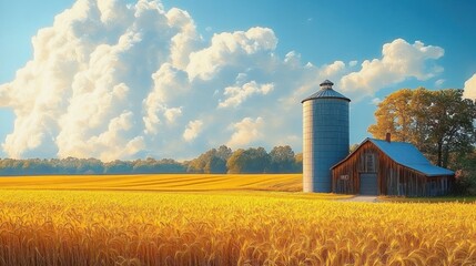 Vibrant Wheat Field Under a Deep Blue Sky with Fluffy Clouds and Rustic Farmhouse