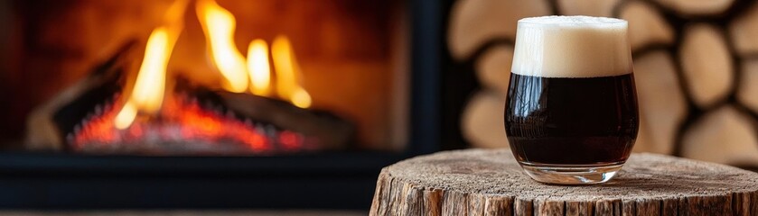 craft beer microbrewery craftsmanship. Cozy winter scene with a glass of dark porter beer next to a fireplace, seasonal craft beer, relaxing beer experience