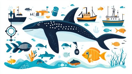 Fototapeta premium A vibrant illustration depicting ocean life and maritime activities featuring a whale.