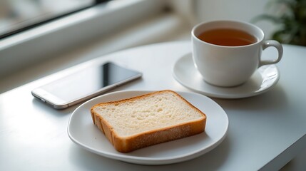 A slice of bread tea and phone on a table