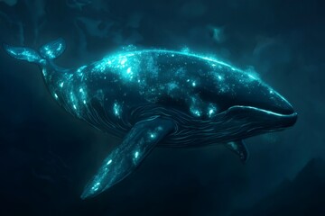 Naklejka premium Large whale with glowing bioluminescent spots swimming underwater, creating a magical and ethereal atmosphere