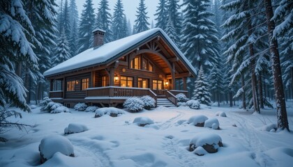 Snow-covered cabin, forest winter, illuminated, peaceful scene, holiday card