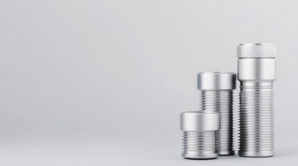 Metallic cylindrical pipes with threaded surfaces in varying sizes standing on a light gray background