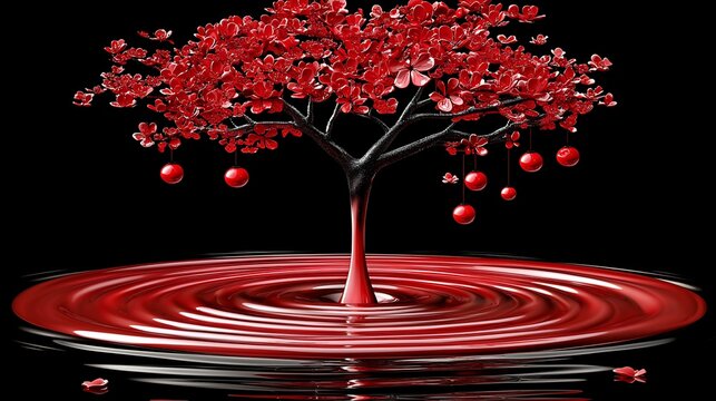 Abstract red tree in rippled liquid, digital art, possible use for wallpaper or screensaver