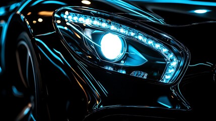 Black Sports Car Headlight Detail Illuminated Blue