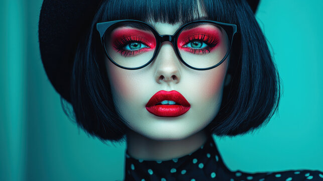 Woman with bold makeup and stylish bob haircut showcases a modern fashion-forward aesthetic under dramatic studio lighting