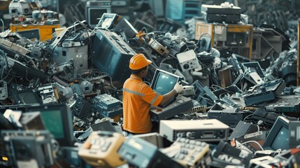 A photo of a man in work clothes and a helmet sorting old electronic equipment for subsequent processing.