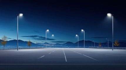 Serene Night Scene of Empty Parking Lot with Street Lights and Mountains in the Background Under Clear Sky