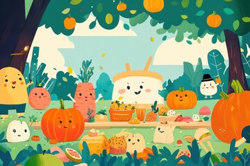 Animated characters and vegetables enjoying a picnic in nature