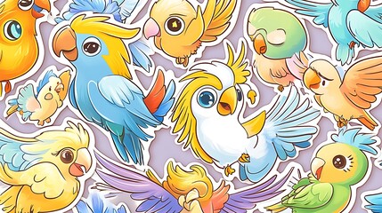Fototapeta premium Vibrant Hand-Drawn Illustration of Colorful Parrots AI Generated