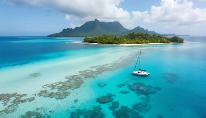 Obraz premium Sailing in Tropical Turquoise Water Near Island with Mountain Backdrop