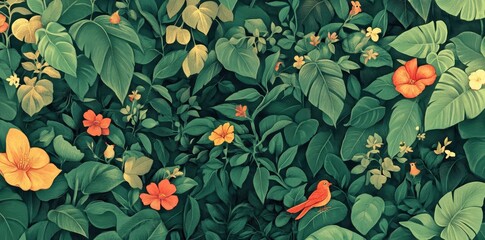 Lush greenery abounds with vibrant flowers and charming birds