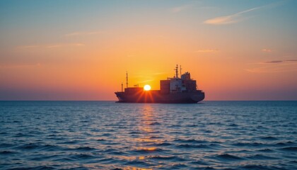 Fototapeta premium Cargo ship sunset ocean sea shipping transport