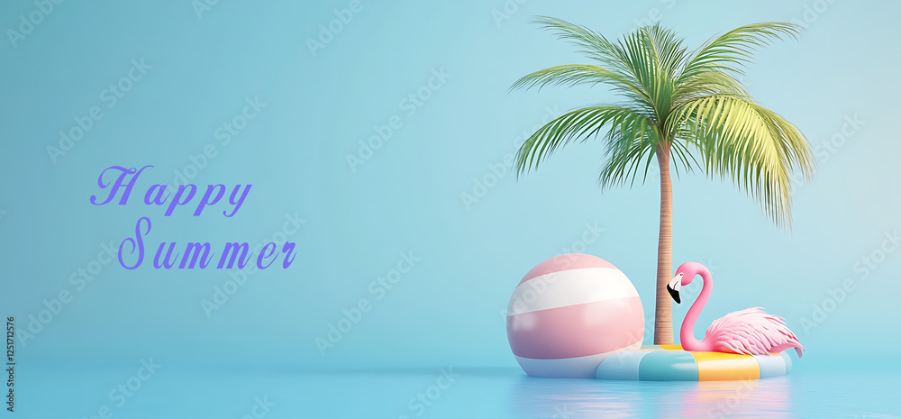 Fototapete 3d render of a beach ball, palm tree, and pink flamingo float on a blue background. minimal summer c