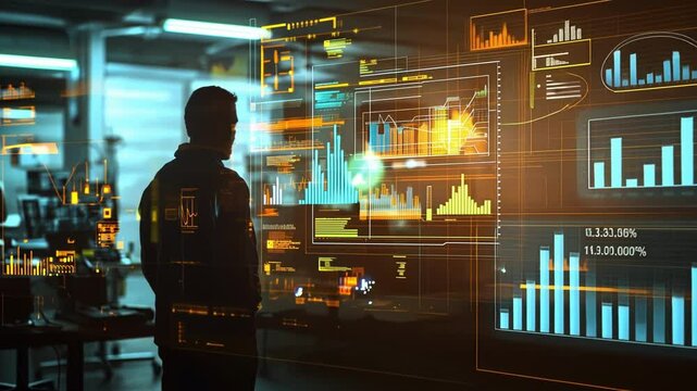 Engineer is looking at holographic graphs and data displayed on a futuristic transparent screen in a high tech laboratory, analyzing performance and statistics