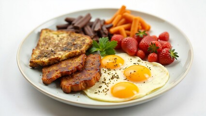 Delicious and Healthy Breakfast Plate with Fried Eggs, Tofu Bacon, Toast, Strawberries, and Carrot