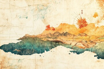 Antique inspired map illustration featuring mountains sea and compass