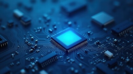  Close-up view of a glowing computer chip on a detailed circuit board