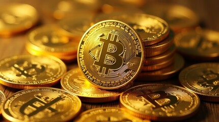 Close-up of a stack of golden bitcoins