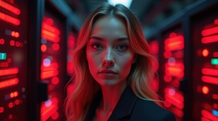 a woman in a data center, surrounded by glowing red servers