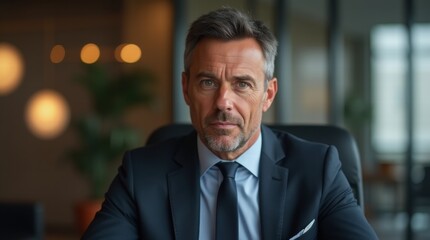 Fototapeta premium Mature businessman with intense gaze, sitting in a sophisticated office setting
