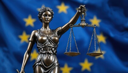 European Justice Statue Holding Scales Against EU Flag