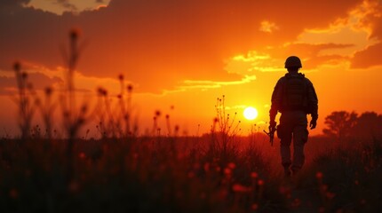 Fototapeta premium A soldier walks across a grassy field at sunset, the sky ablaze with vibrant orange and red hues.