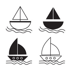 Four Simple Black and White Sailing Boat Icons on Water