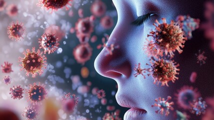 Close up of a human nose with 3d bacteria and allergens, highlighting microscopic life forms