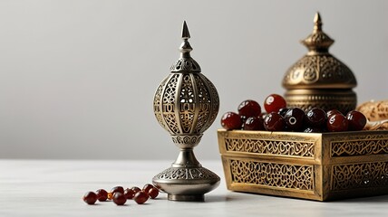 Muslim lamp, dates and prayer beads on table background.
